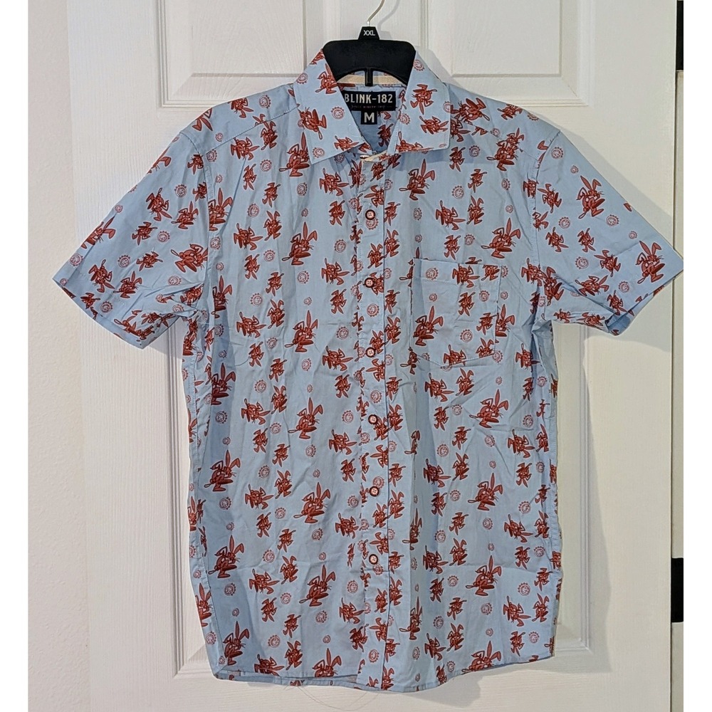 Blink 182 Button Up Shirt Mens Medium Pop Punk Bunny Rabbit Print‎ Blue NWOT